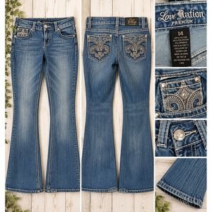 Love Nation Premium Womens Blue Flare Jeans Fleur De Lis Rhinestone Size 14